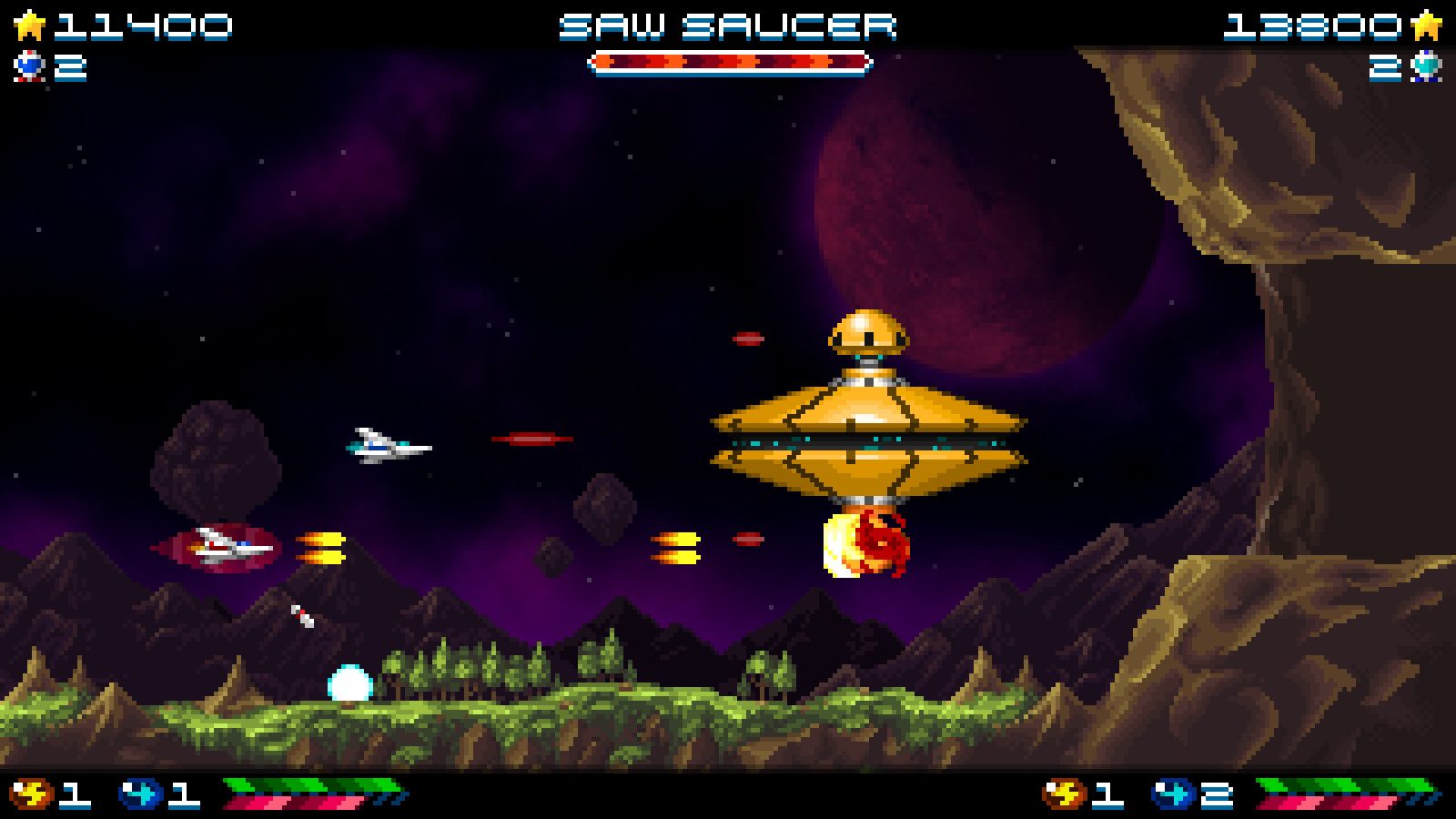 A video game screen with a spaceship and a planet