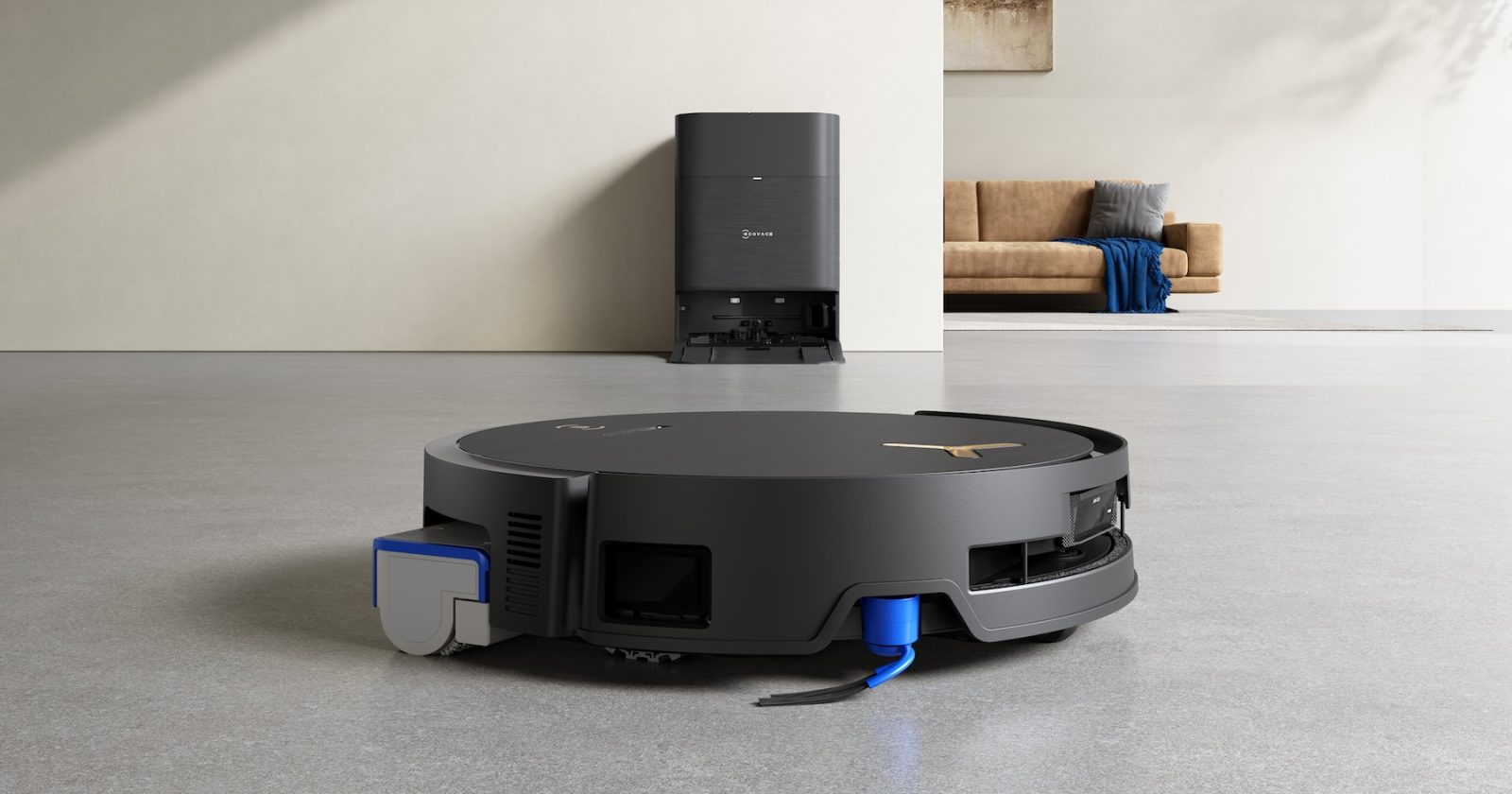 A robot vacuum cleaner in a living room