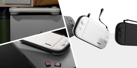 A white and black case with a strap