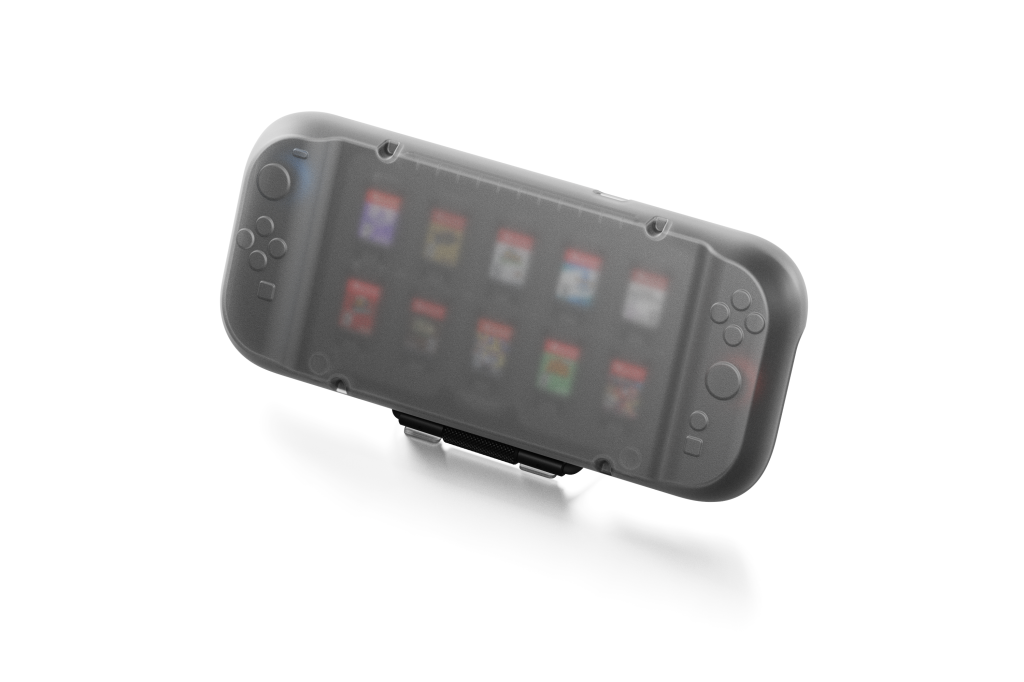 A grey gaming device with many buttons
