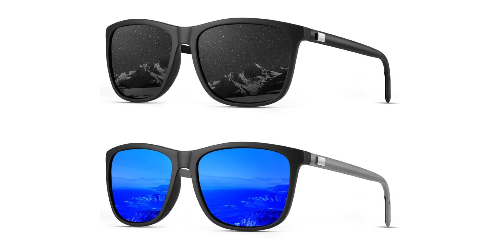 A pair of sunglasses with a reflection of mountains
