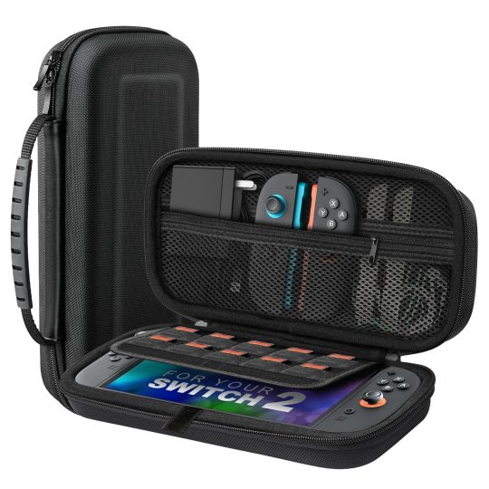 A black case with a video game controller and a phone