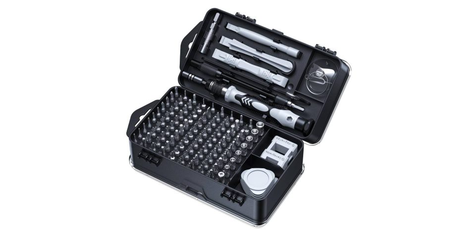 A black tool box with various tools