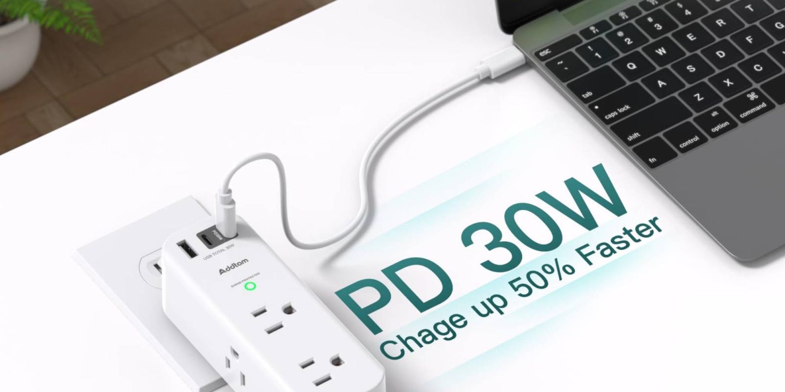 A power strip with a cord plugged into it