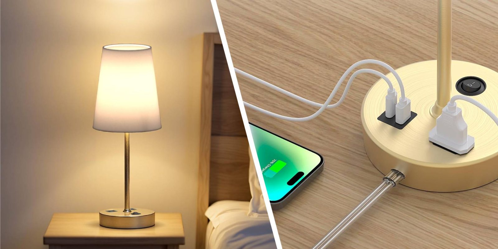 A lamp and a phone on a table