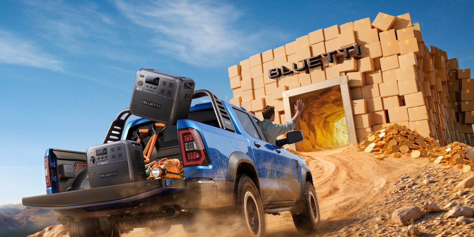 A man in a blue truck with a radio in the back