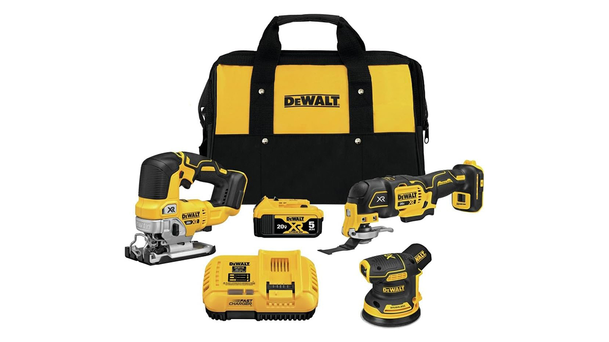 A group of power tools and a bag