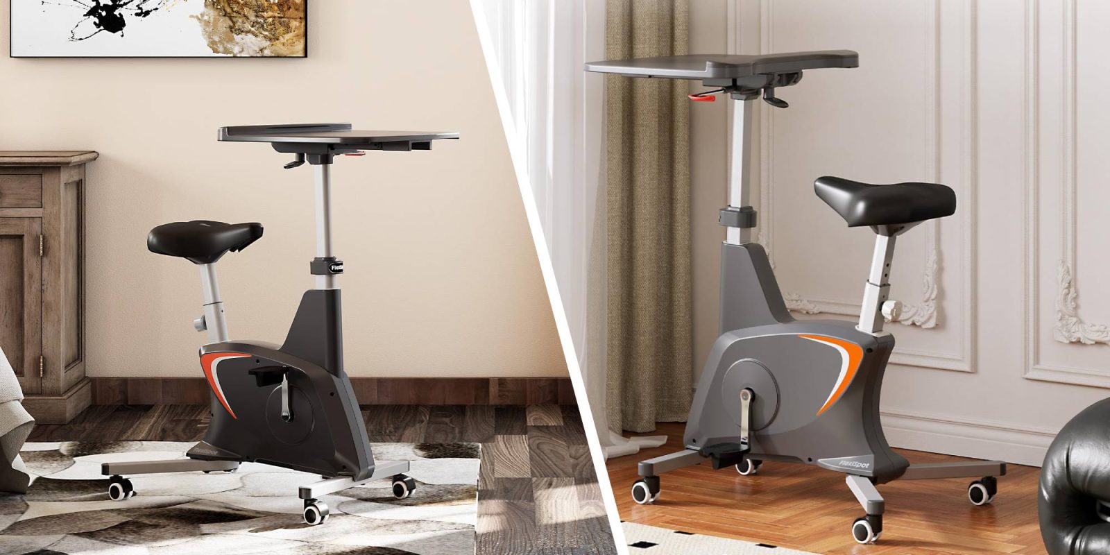 A collage of a stationary exercise bike