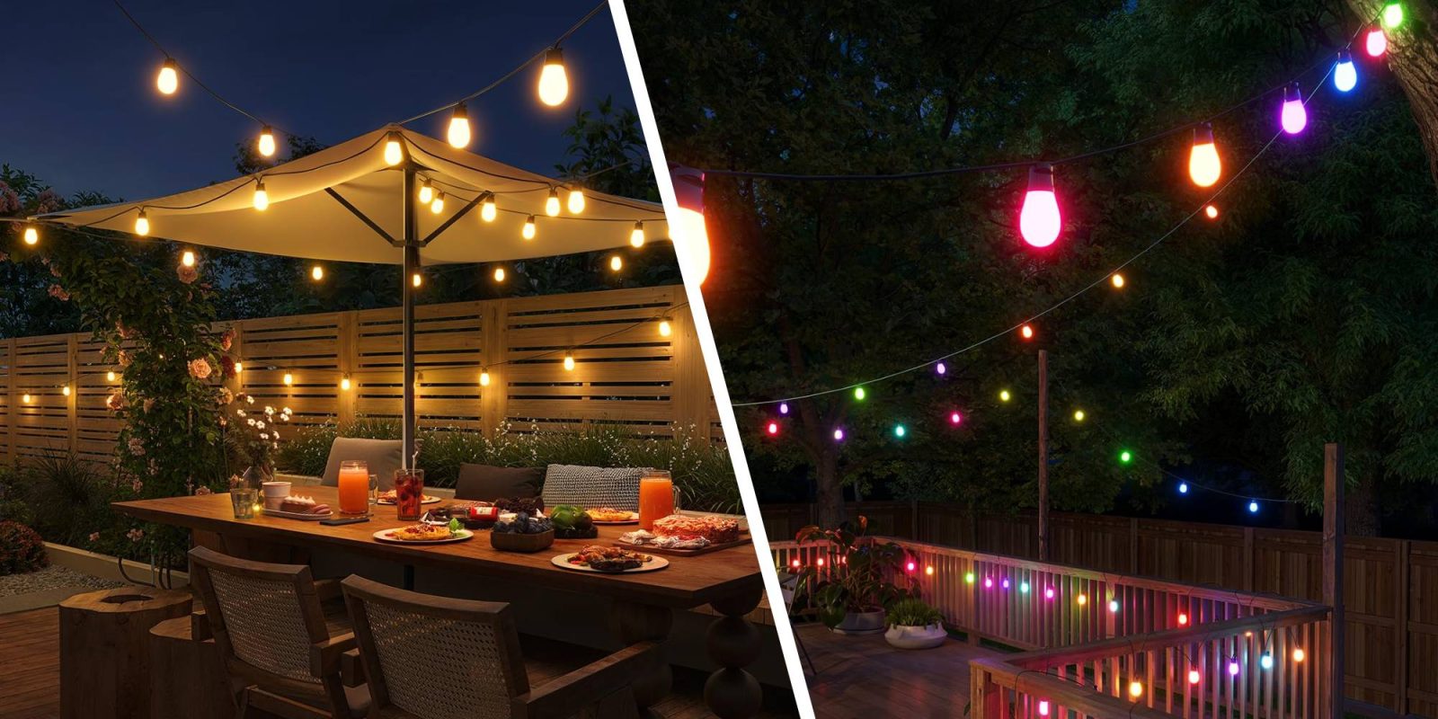 A collage of a patio with a table and a table with food