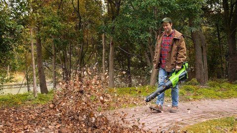 A man holding a leaf blower