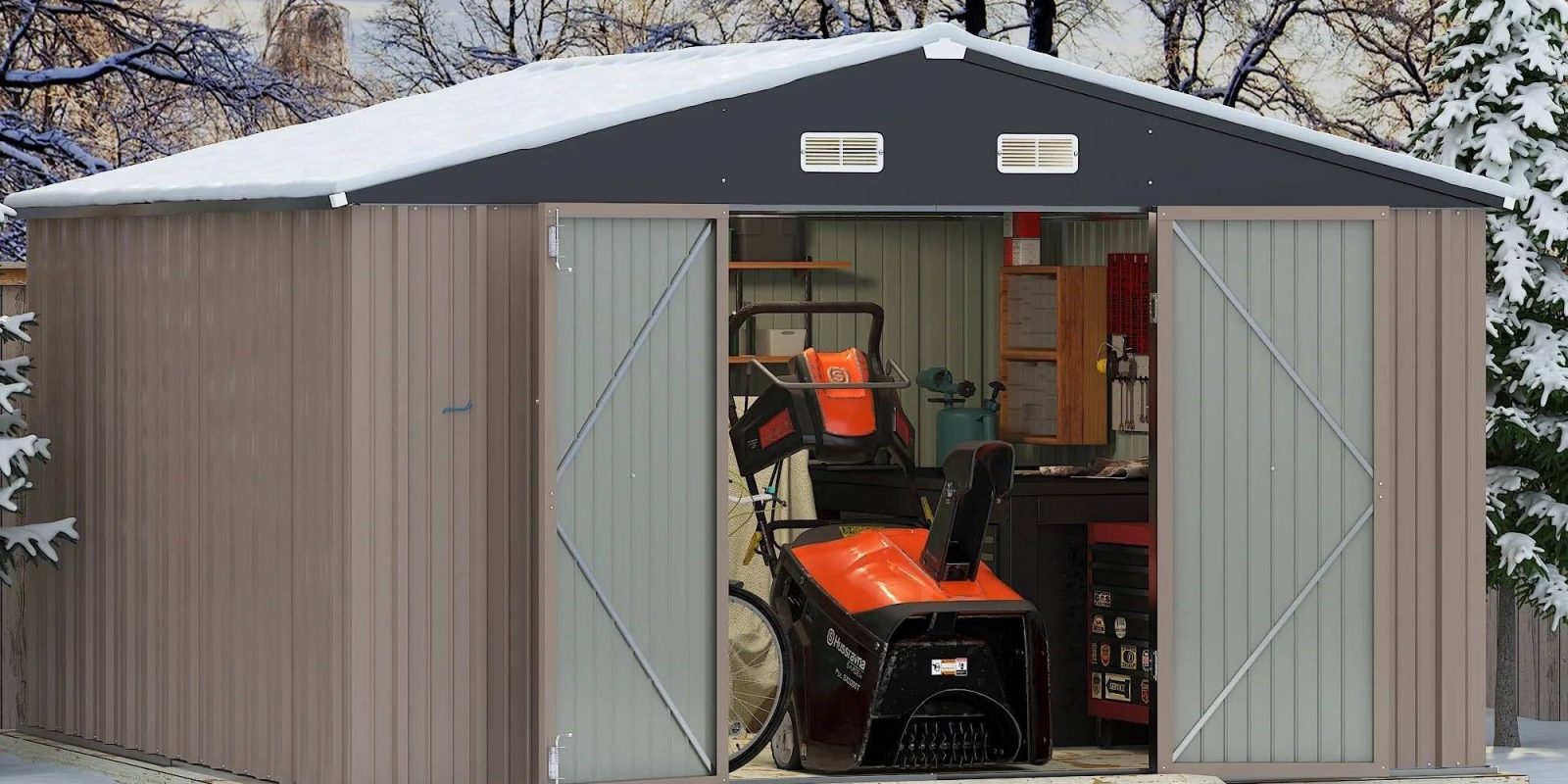 A shed with a lawnmower and a chair