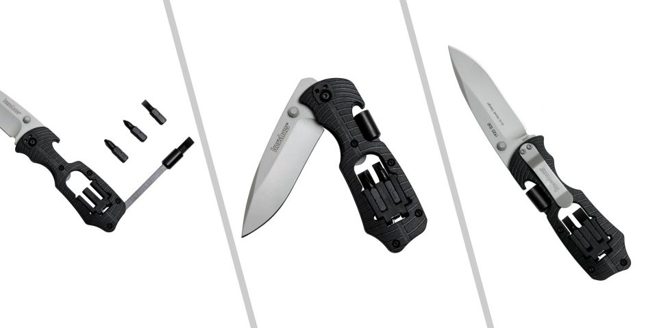 A knife with a black handle
