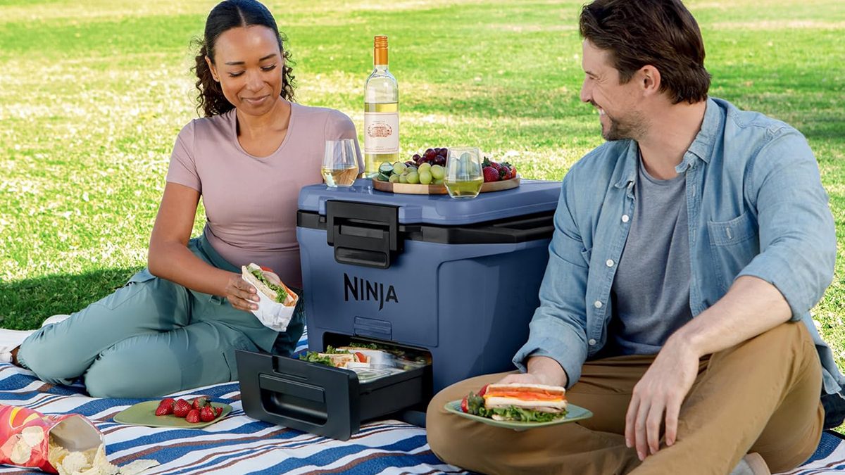 A man and woman sitting on a blanket with food in their containers