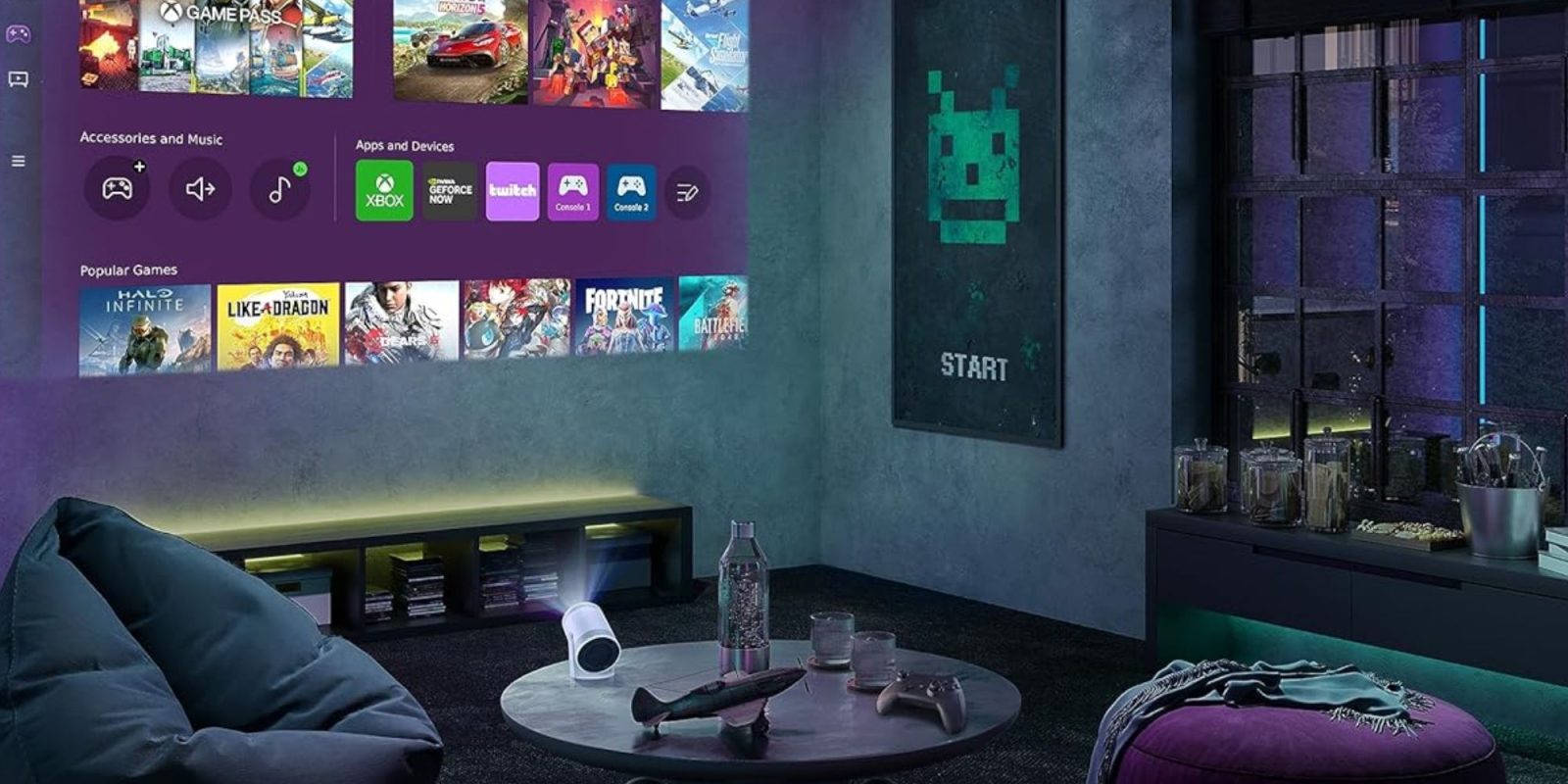 Image showing Samsung's 2nd gen Freestyle projector being used in a room to show the Xbox app.