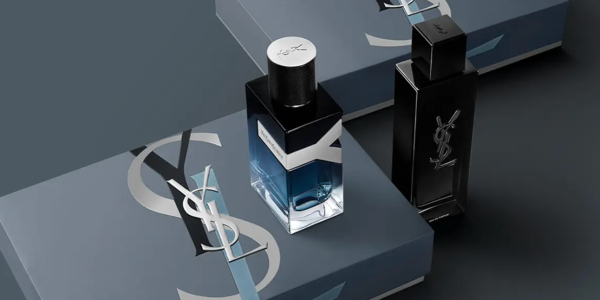 A bottle of perfume on a box