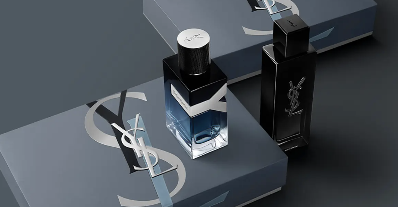 A bottle of perfume on a box