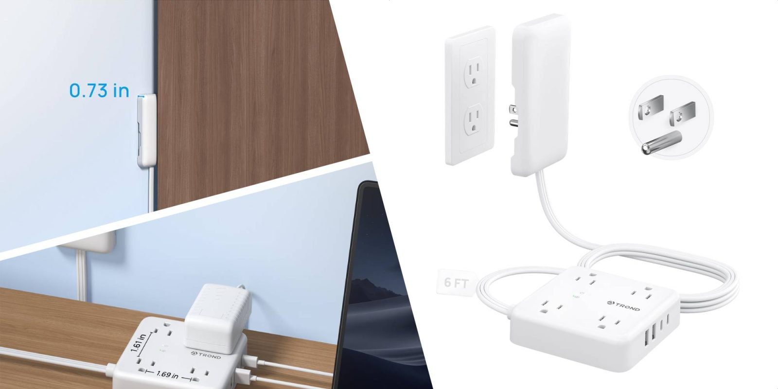 A collage of a computer and a power strip