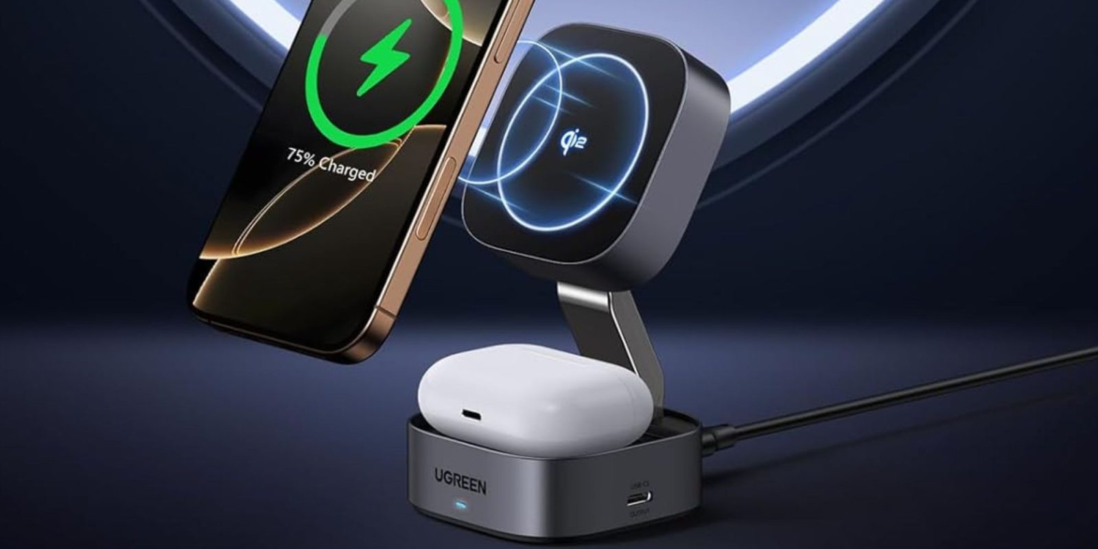 Image showing render of UGREEN MagFlow 2-in-1 charging stand.