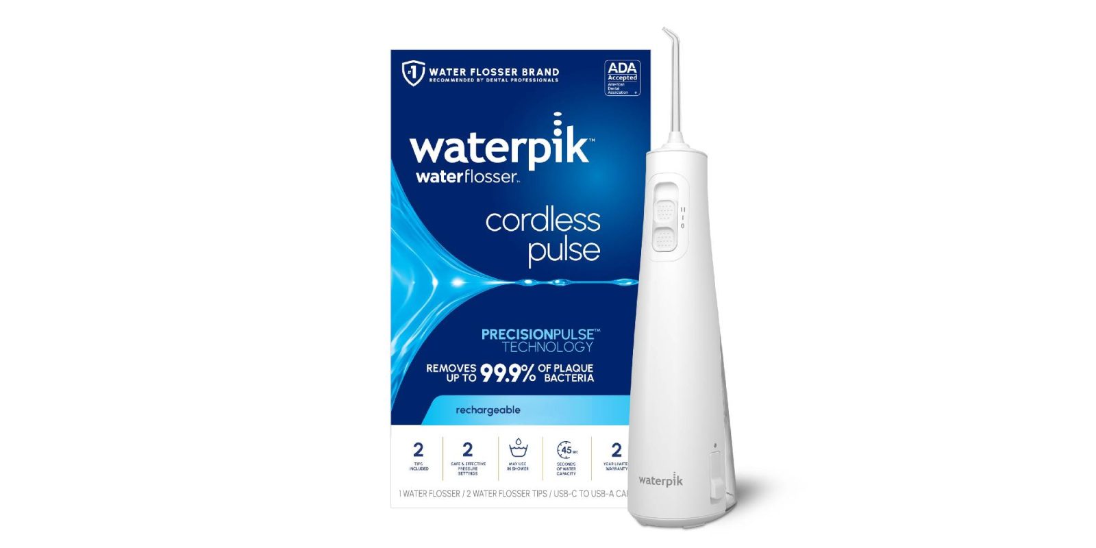 A white electric toothbrush and blue box