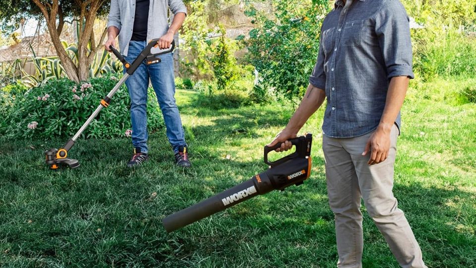 A man holding a blower and another man standing in the grass