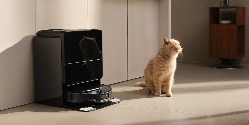 A cat sitting on the floor next to a robot