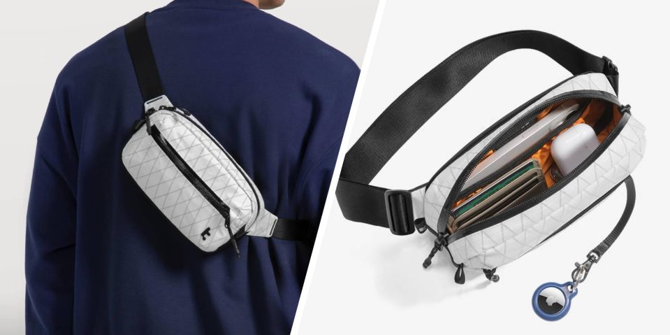 A man wearing a white waist bag