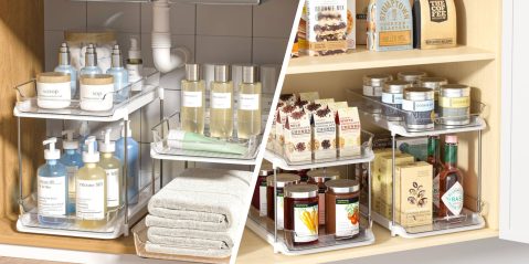 A collage of shelves with food and drinks