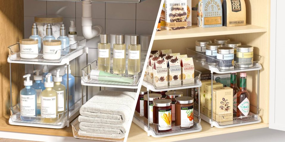 A collage of shelves with food and drinks