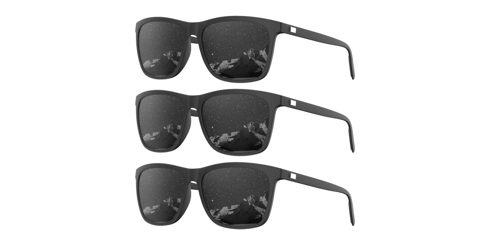 A group of sunglasses with a reflection of the sky