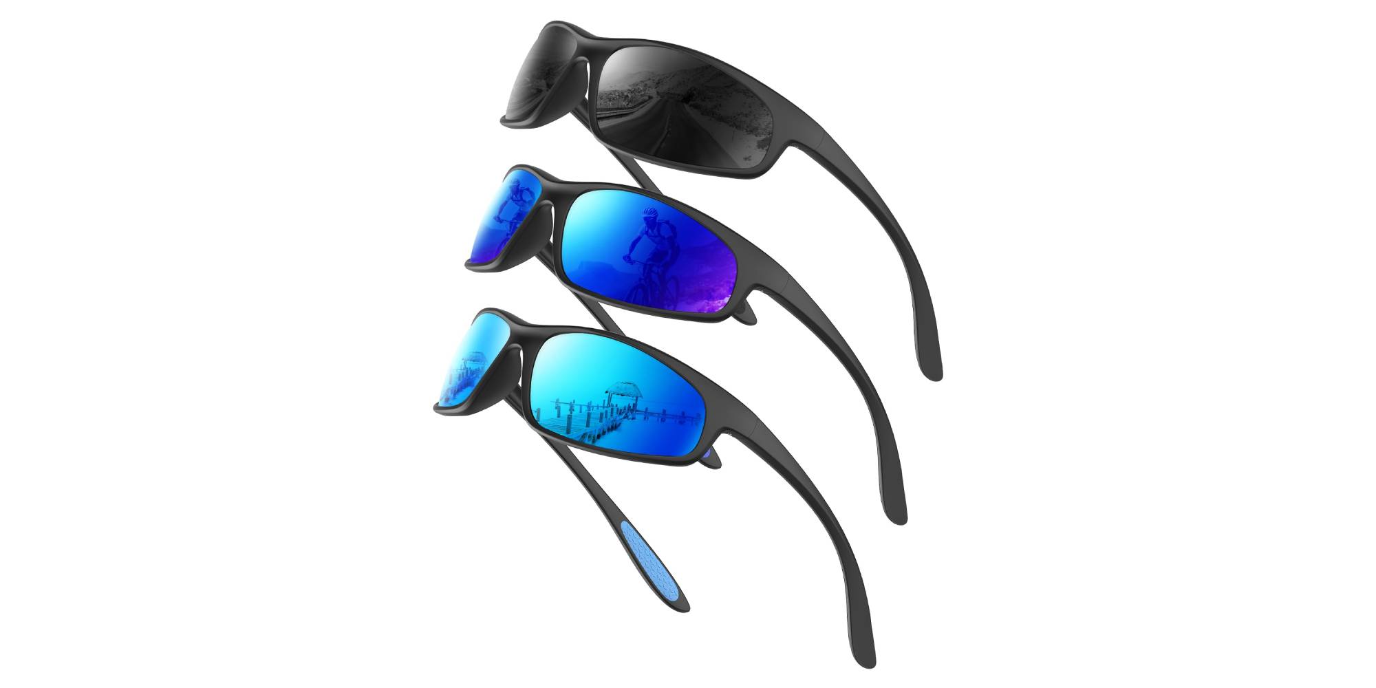 A group of sunglasses with blue lenses