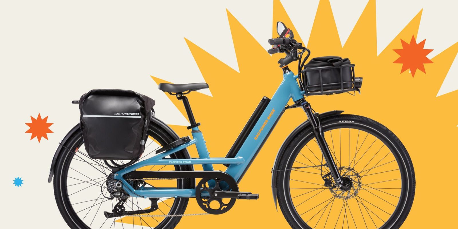 A blue bicycle with a black bag on it