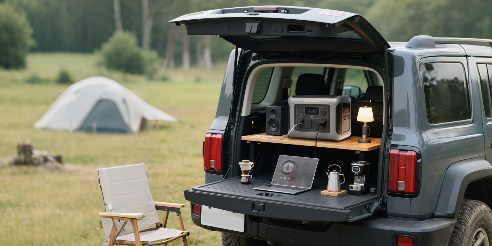 A car with a laptop and a microwave on the back