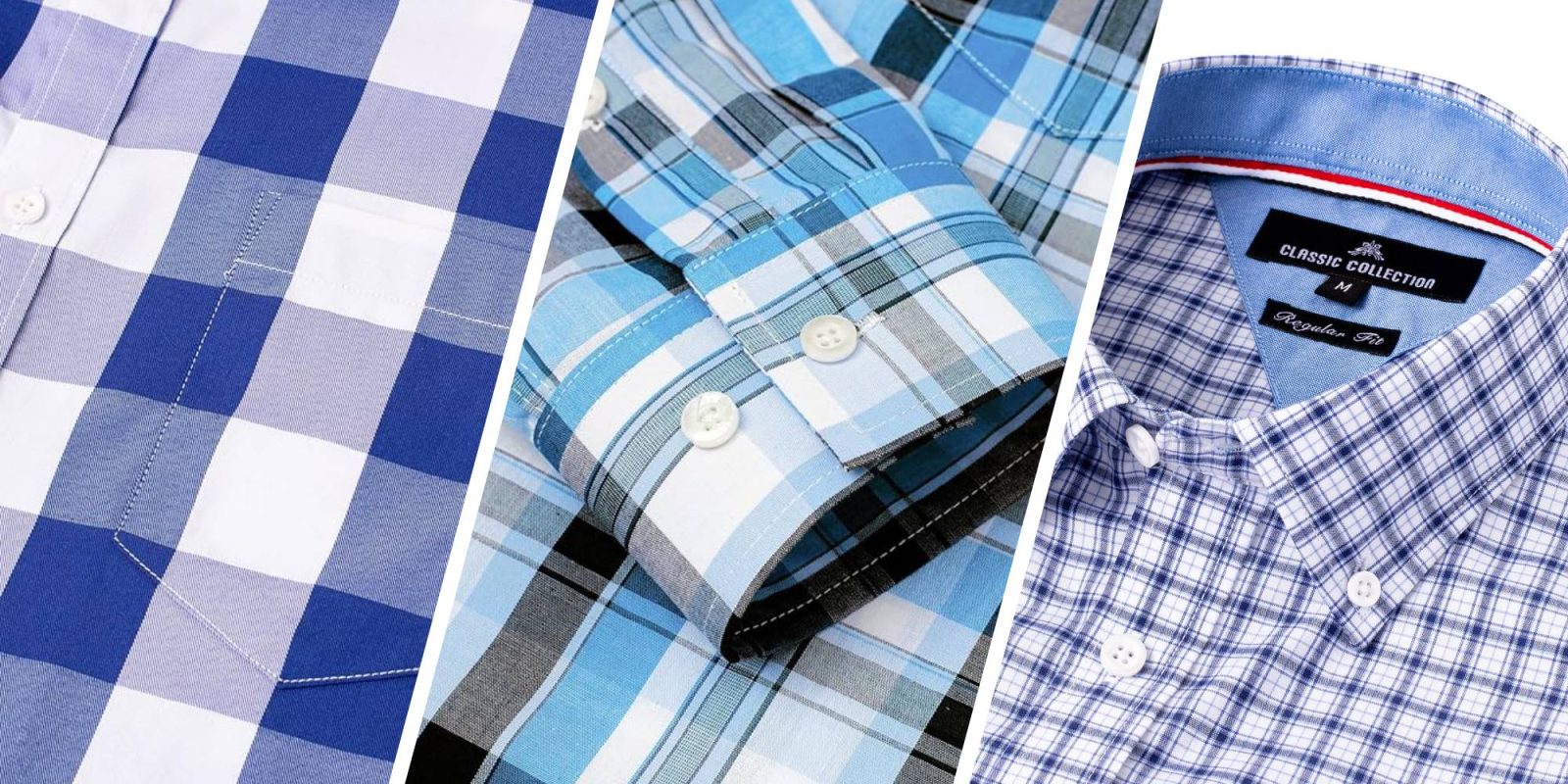 A collage of different blue and white plaid shirts
