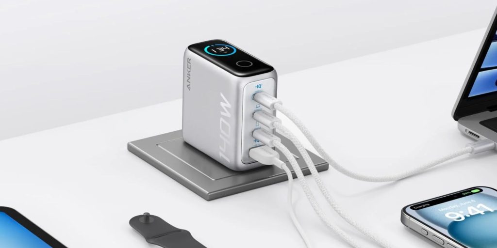 Image showing a render of Anker's 140W 4-port laptop charger in silver.