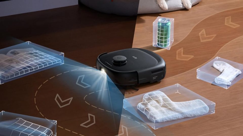 A device with a projector on the floor