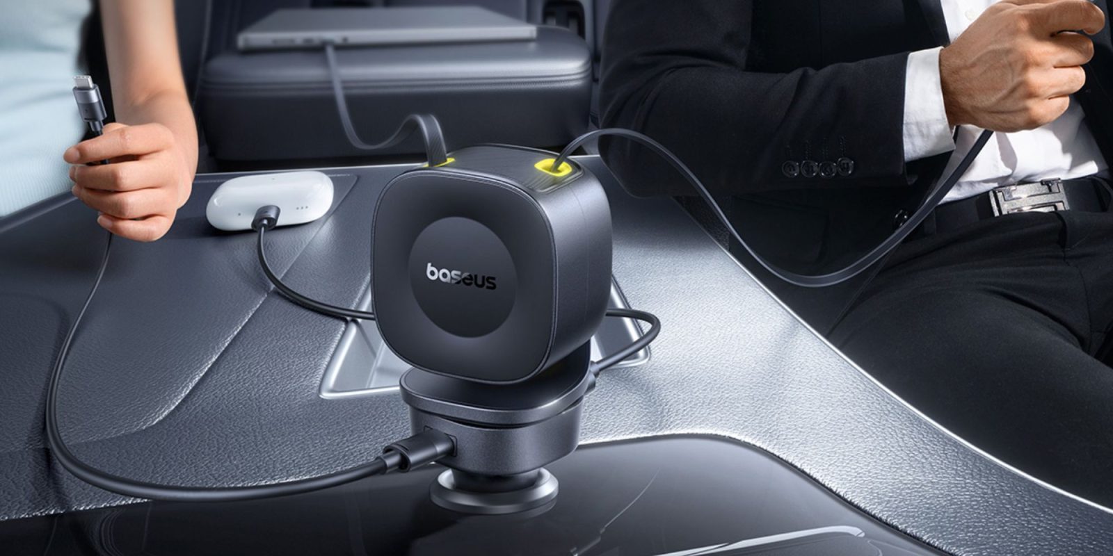 Image showing Baseus' 163W 4-in-1 retractacble USB-C car charger.