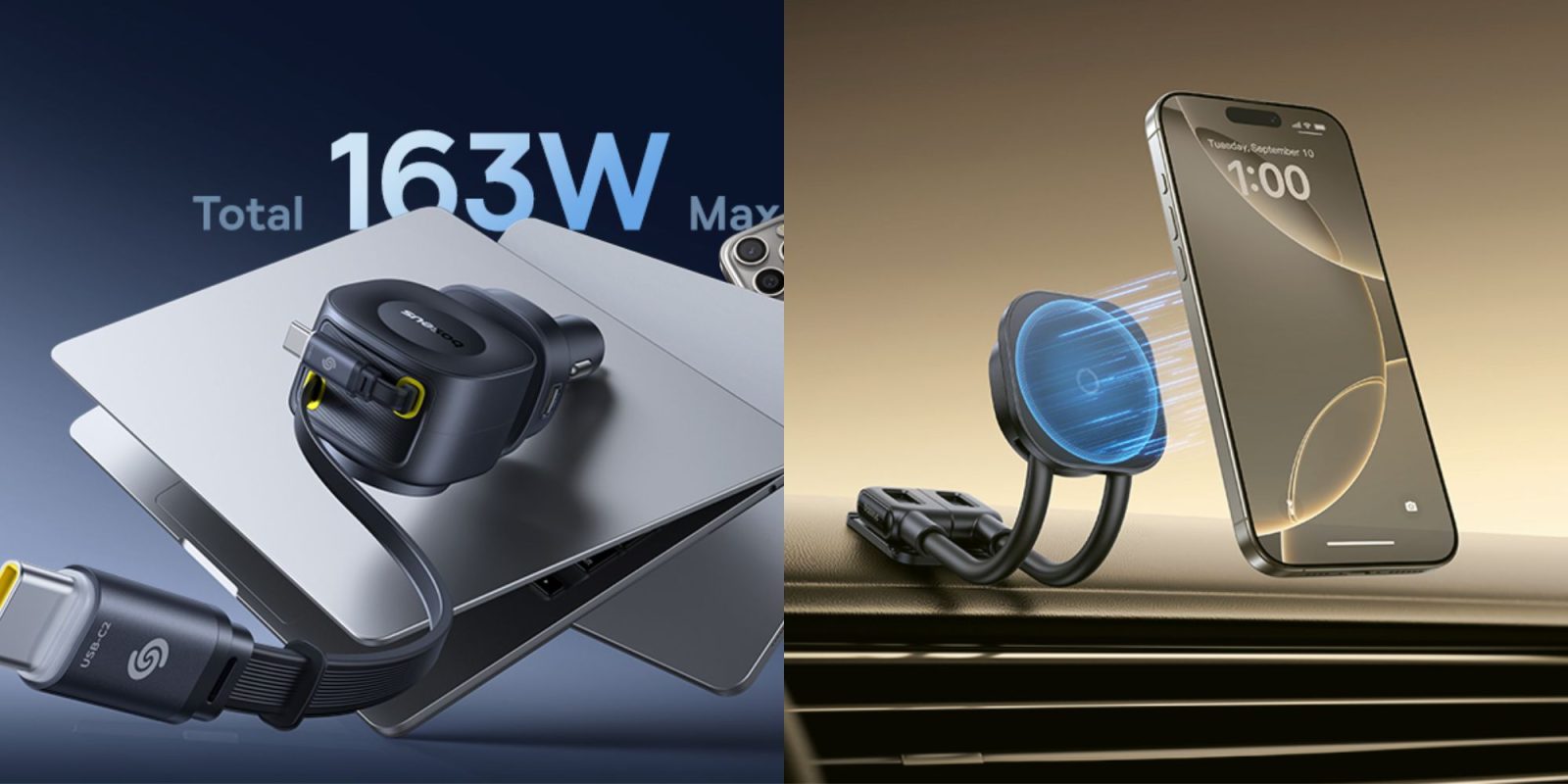 Image showing renders of Baseus car charger and MagSafe mount.