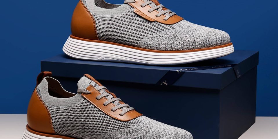 A pair of grey and brown shoes