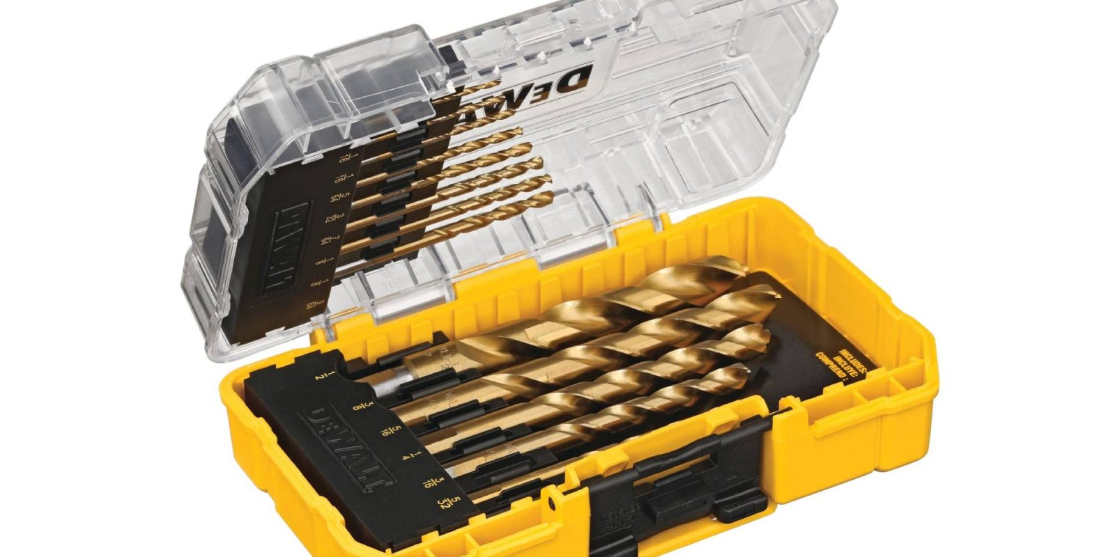 A set of drill bits in a plastic box