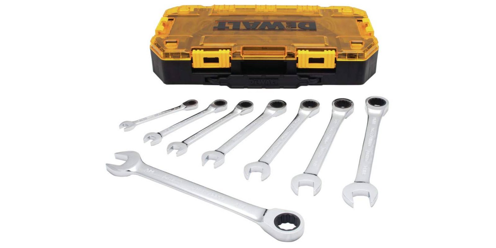 A set of wrenches in a yellow case