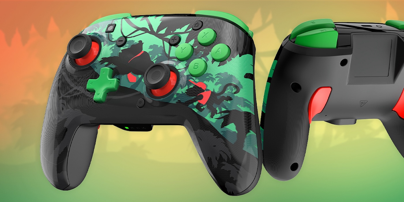 A video game controller with a green and black design