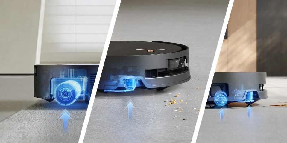 A robot vacuum cleaner with blue lights
