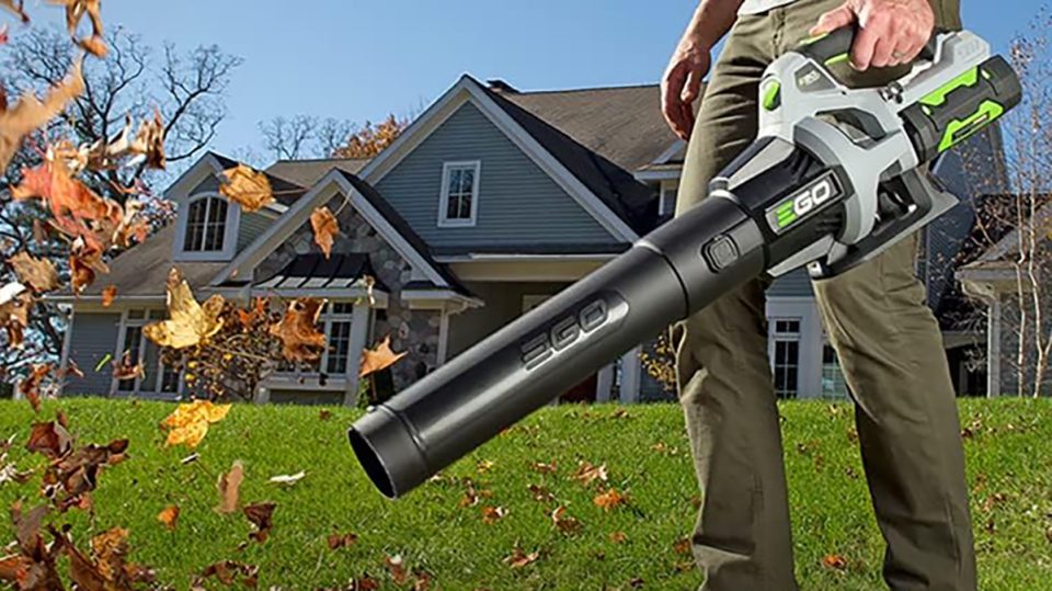 A person holding a leaf blower