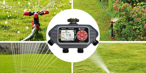 A collage of a lawn sprinkler