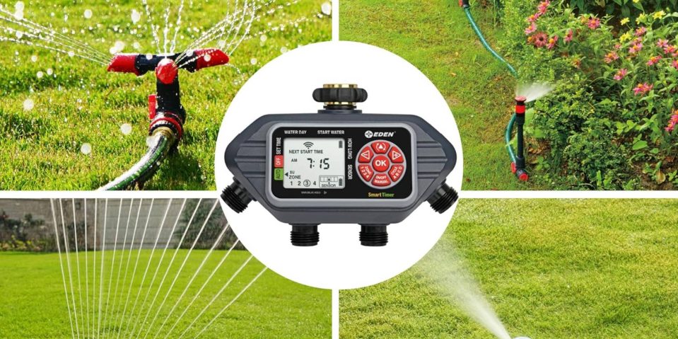 A collage of a lawn sprinkler