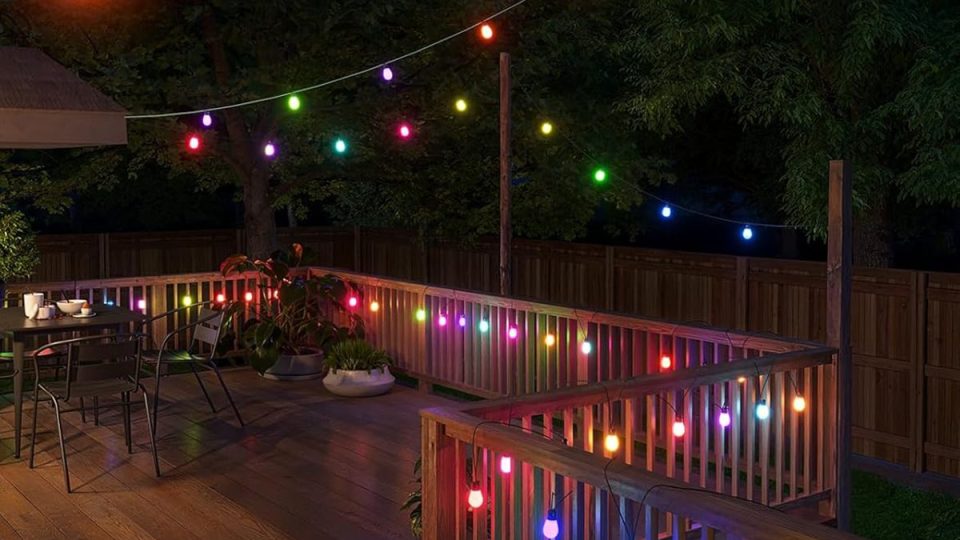 A deck with lights on it