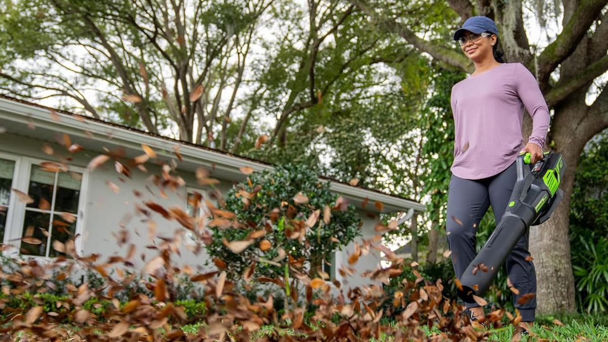 A woman standing in the grass with leaves falling