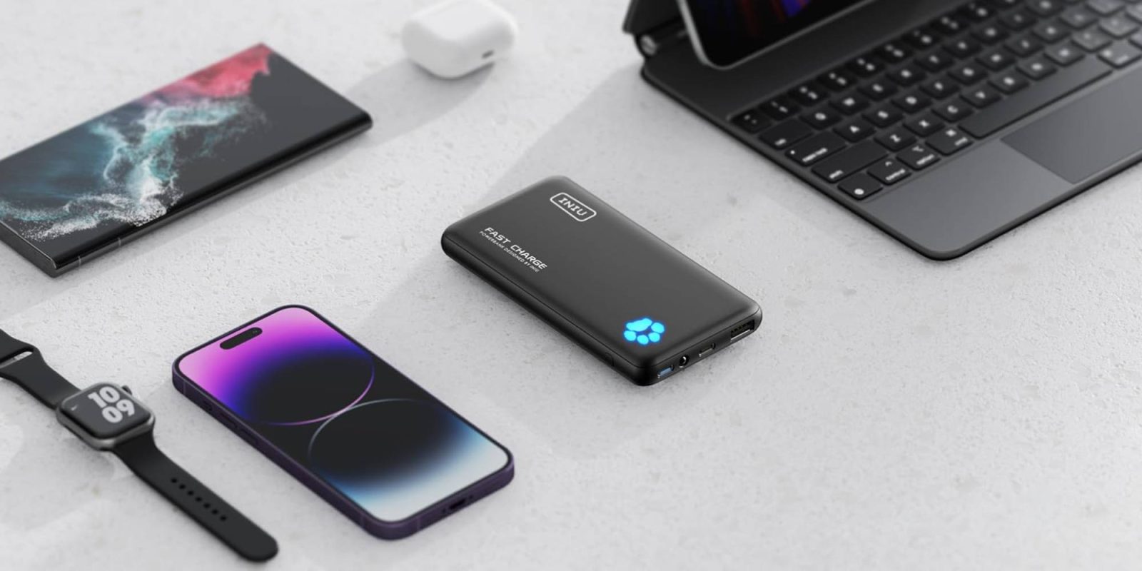 A black rectangular device with a blue logo on it