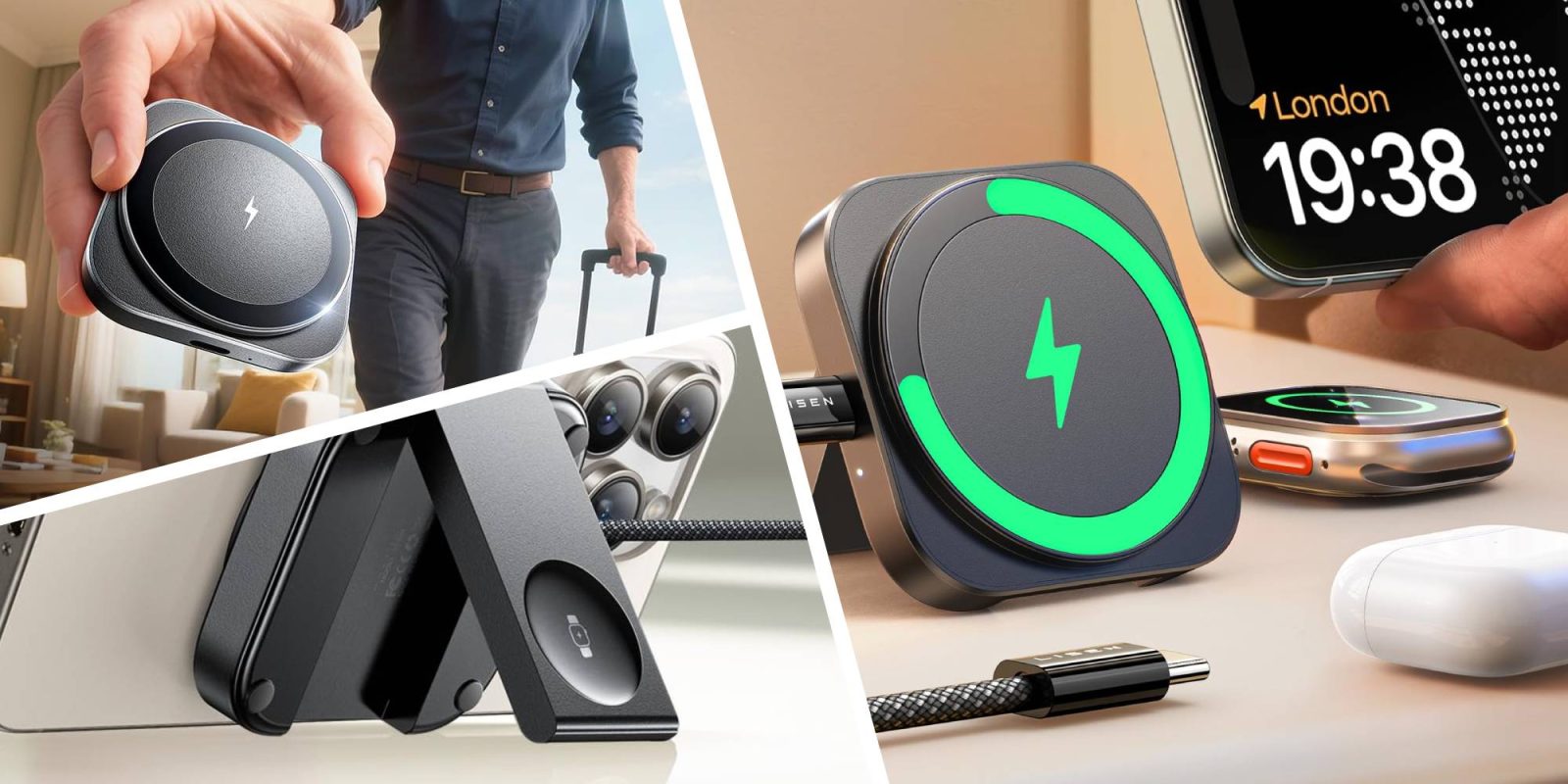 A collage of a man with a suitcase and a charger