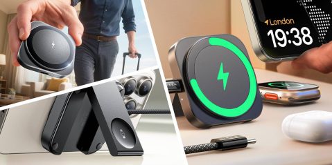 A collage of a man with a suitcase and a charger